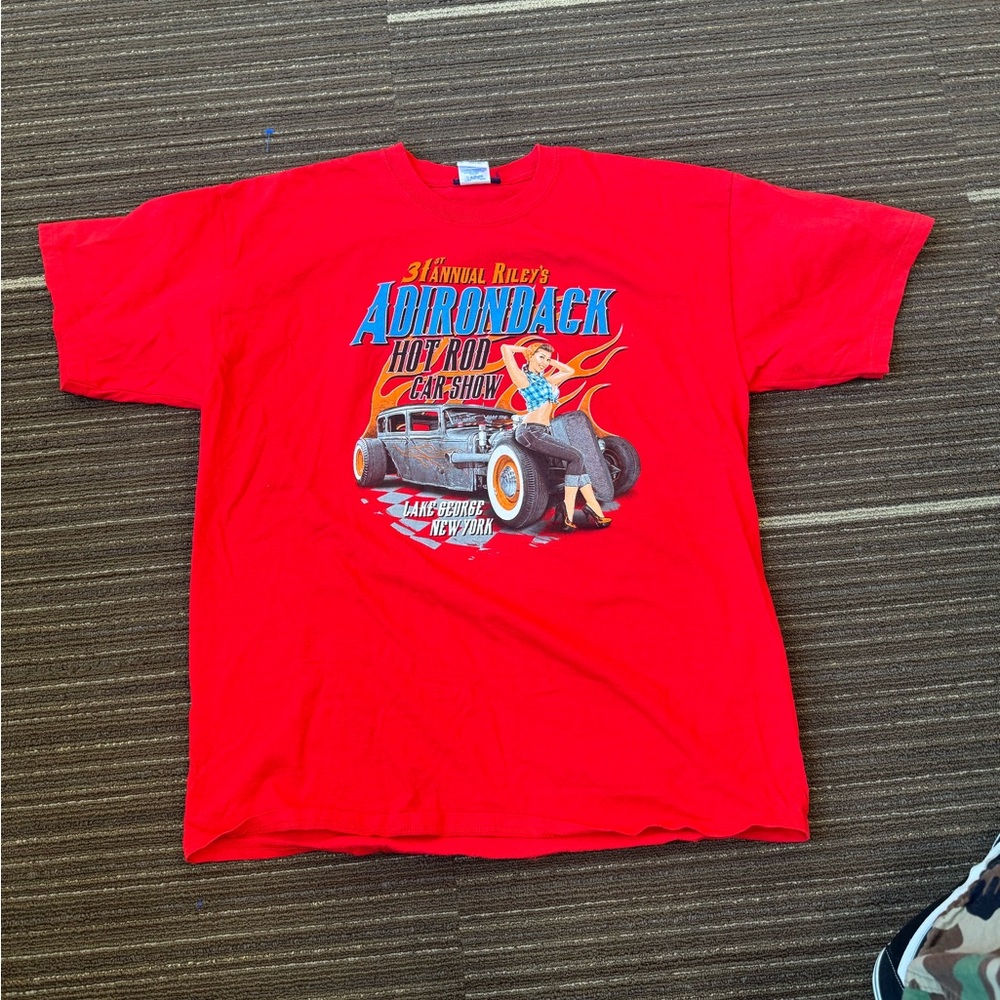 American Vintage Red Short Sleeve Tee with Classic Car Graphic